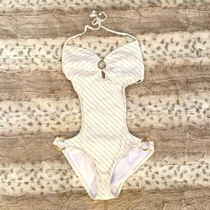 Sexy Monokini swimsuit metallic Gold thread & metal ring accents, worn once, Med